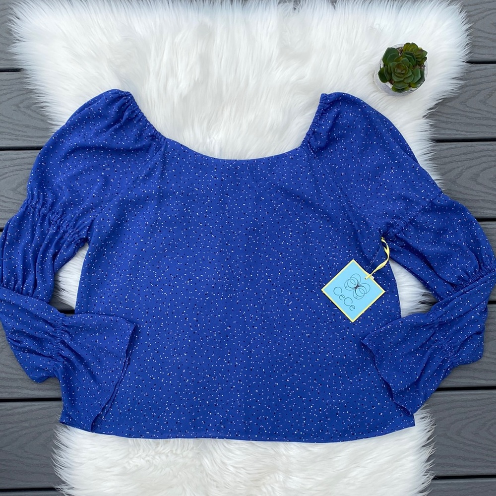 CeCe blue polka dotted bubble sleeve top